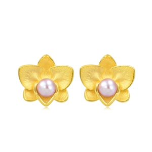 周生生官方直营足金兰花珍珠黄金耳钉黄金耳环女款耳饰89677E