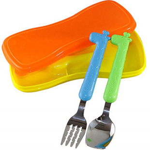 韩国正品爱迪生小学生勺叉儿童不锈钢餐具带盒长颈鹿勺子叉子套装