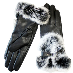 冬季保暖羊皮手套女真皮兔皮毛袖口加绒防晒时尚表带摩托骑行手套