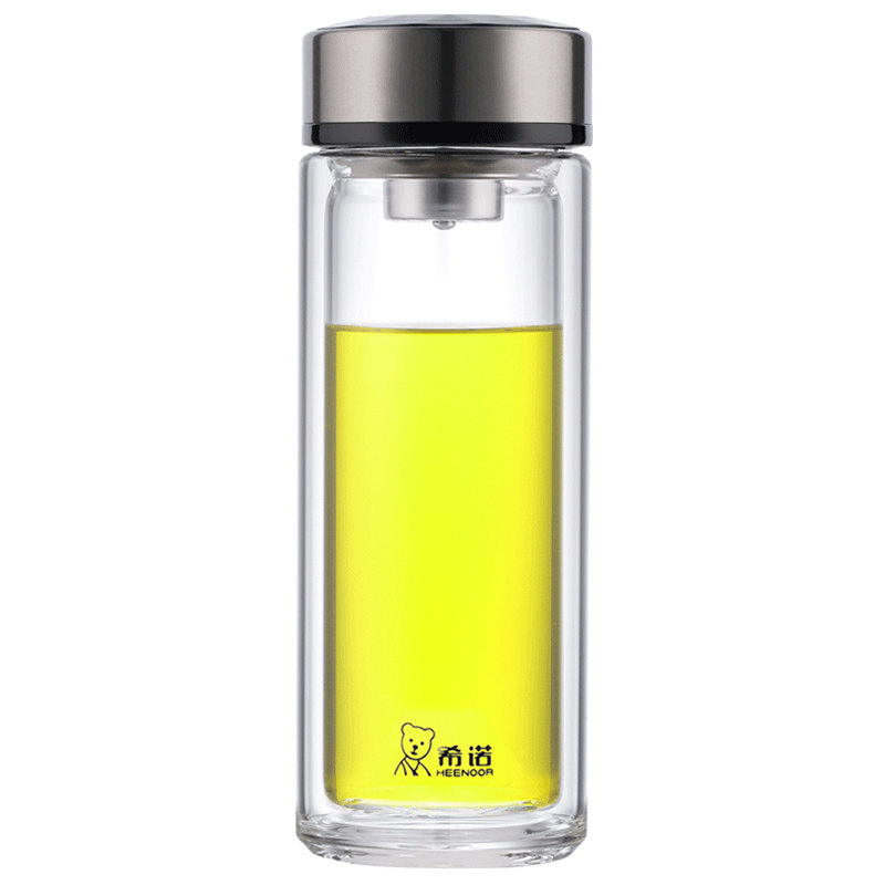 希诺玻璃杯双层隔热水杯便携高档商务家用加厚带盖过滤泡茶杯子