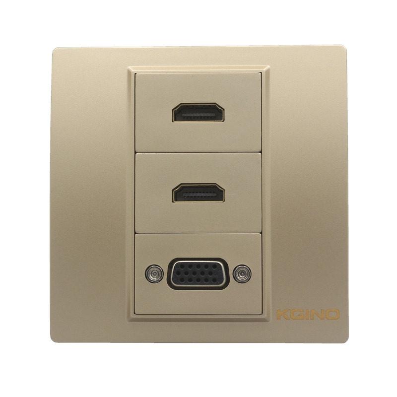 香槟金86型VGA高清加双口2.0版HDMI直插金色多媒体投影仪插座面板