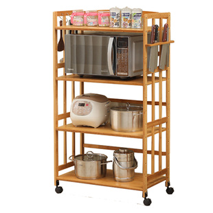 可移动厨房落地多层置物架多功能带滑轮子实木收纳烤箱储物架推车