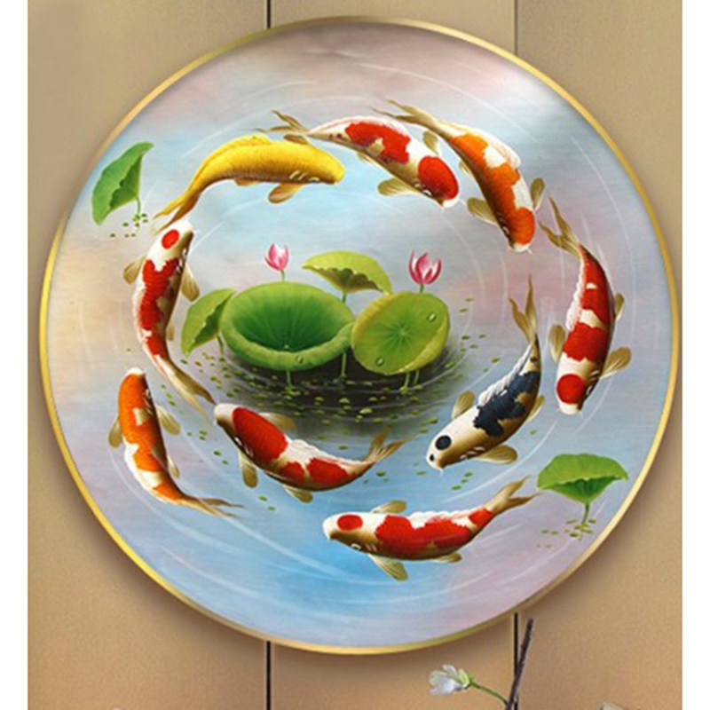 新款印花正品DMC十字绣客厅卧室餐厅玄关中式招财风水圆形九鱼图