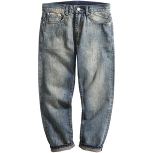 xofo新款日系复古九分牛仔裤男款夏直筒宽松水洗赤耳丹宁裤子潮