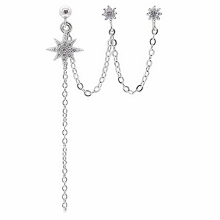 原创设计一体银耳环s925纯银连体两三耳洞耳钉防丢长链闪钻银耳针