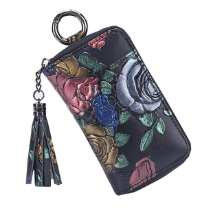 新款流苏女士真皮时尚玫瑰花纹多功能大容量小巧8个钥匙位小卡包