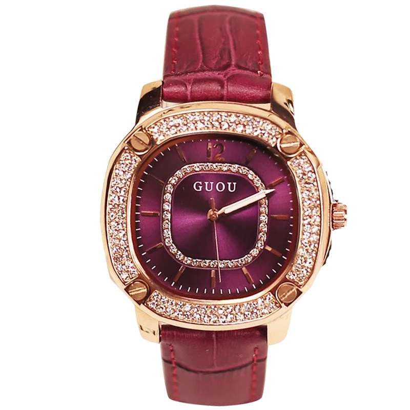 韩版时尚个性女士真皮带方形石英手表潮流镶钻玫瑰金休闲简约学生