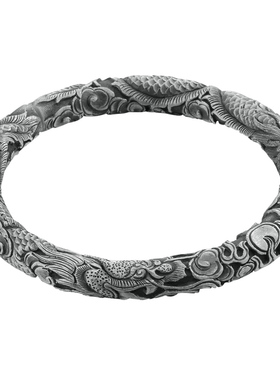 云南原创风双龙戏珠工艺纯银手镯