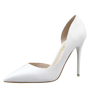 正装通勤夏新款裸色侧空防水台尖头细跟鞋漆皮10.5CM超高跟OL女鞋