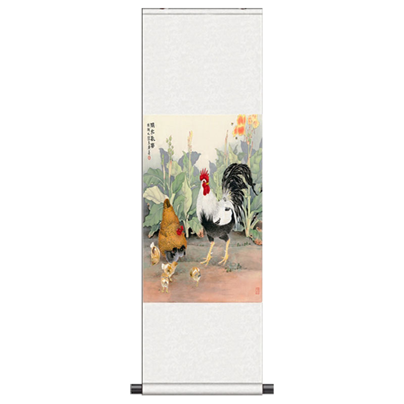 合家欢乐鸡图丝绸画卷轴字画礼品画大吉大利富贵好运家居装饰挂画