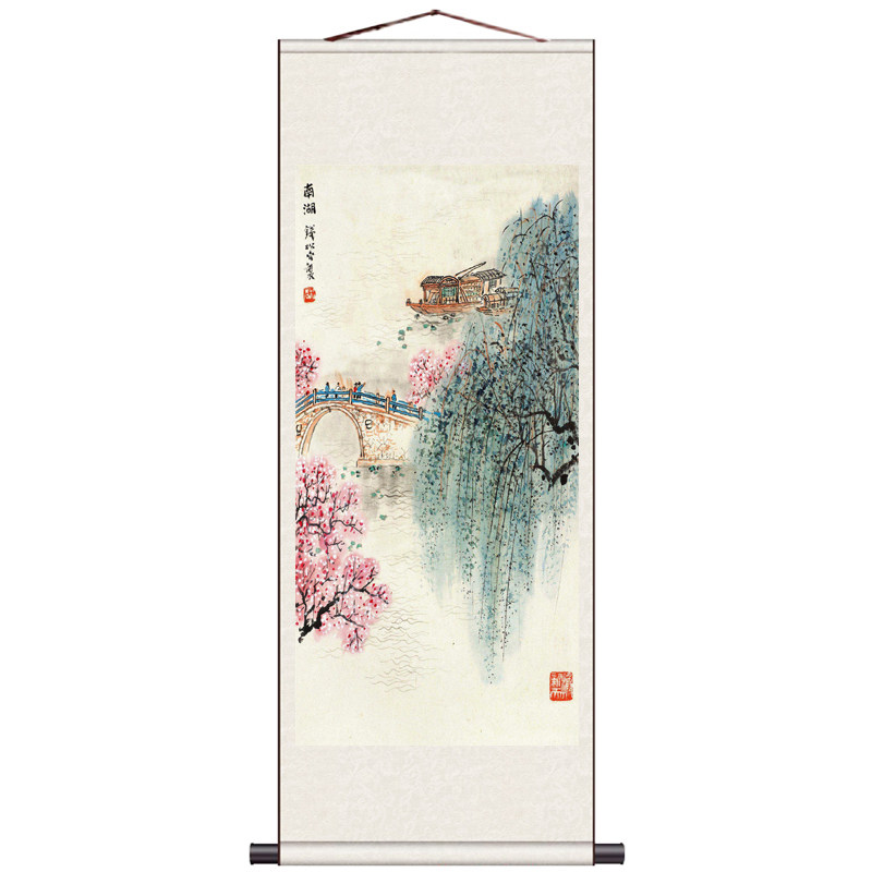 国画山水家居装饰挂画山水画庐山飞瀑图招财山水玄关挂画流水生财