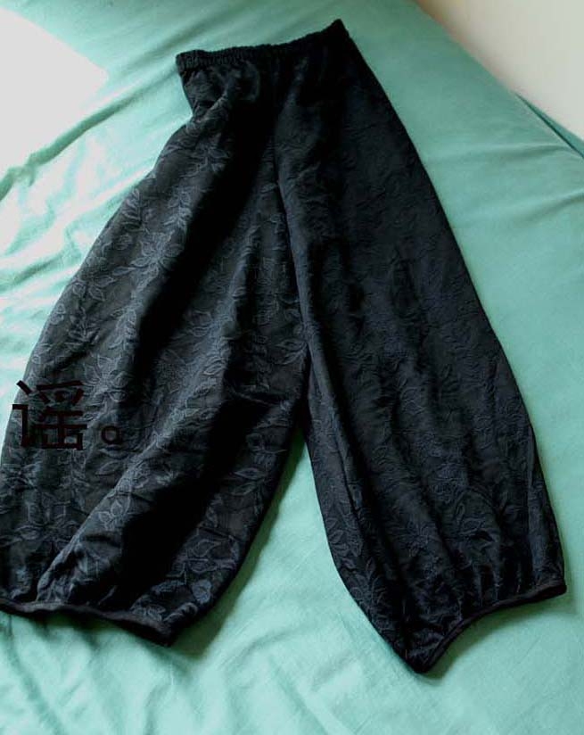 此岸歌声*黑色提花厚棉麻宽腿裤 忘不记