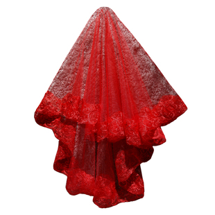 新款新娘蕾丝花边头纱  单层超长拖尾红色白色头纱 婚纱配件