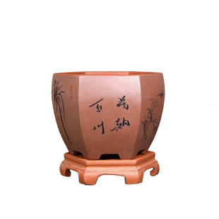 精品六角带底座紫砂花盆盆景盆兰花盆室内盆栽桌面地面花卉
