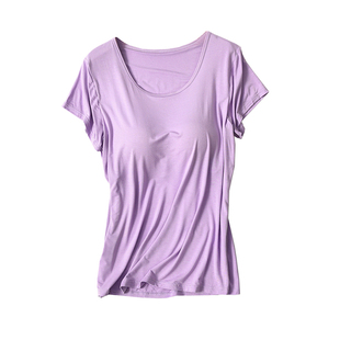 夏季加肥加大码带胸垫睡衣200斤瑜伽上衣女短袖带胸垫胖mm宽松T恤