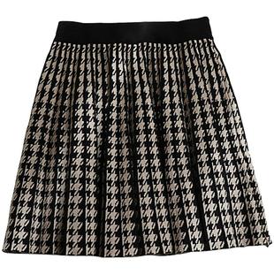 针织毛线半身裙女秋冬高腰显瘦气质a字短裙千鸟格格子伞裙百褶裙