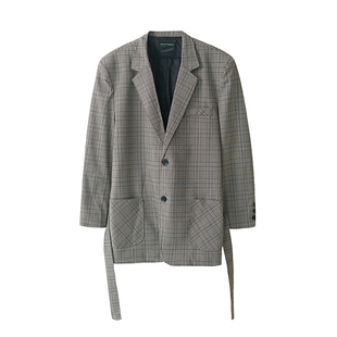 ins格子西装外套男韩系潮流复古千鸟格休闲宽松腰带双排扣英伦风