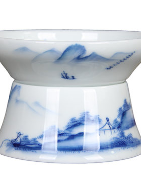 景德镇陶瓷 茗陶坊茶滤网全手绘青花瓷茶漏 山水过滤泡茶过滤器