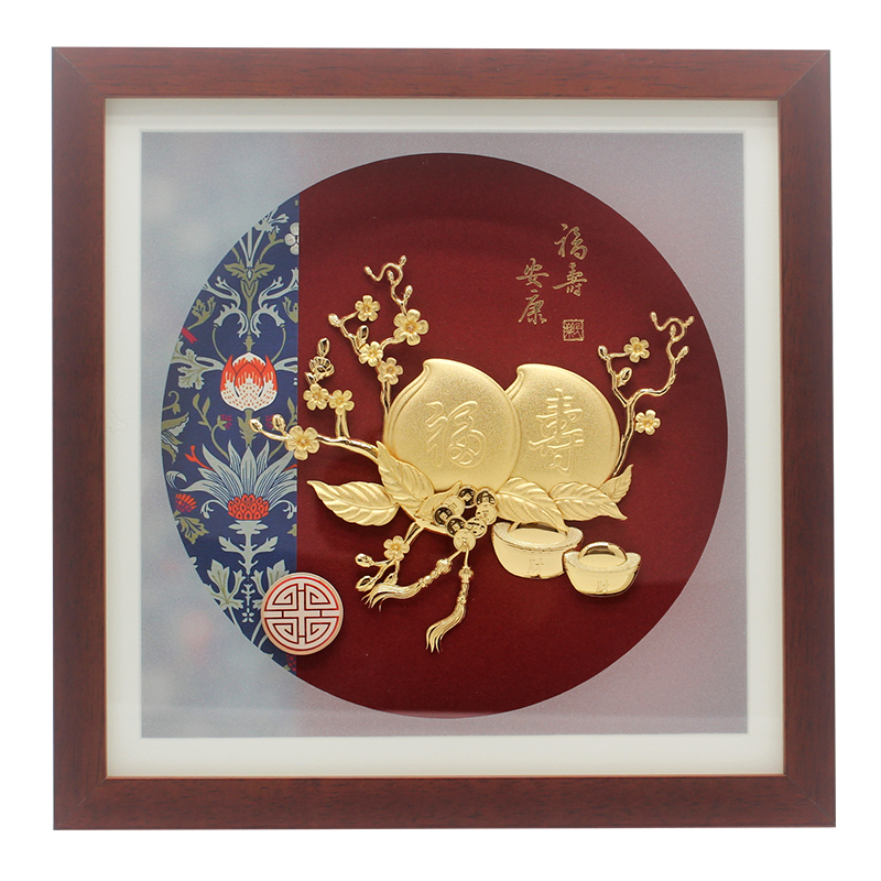 壽桃金箔畫創(chuàng)意擺件送賀壽星祝壽禮品6080大壽辰老人長輩生日禮物