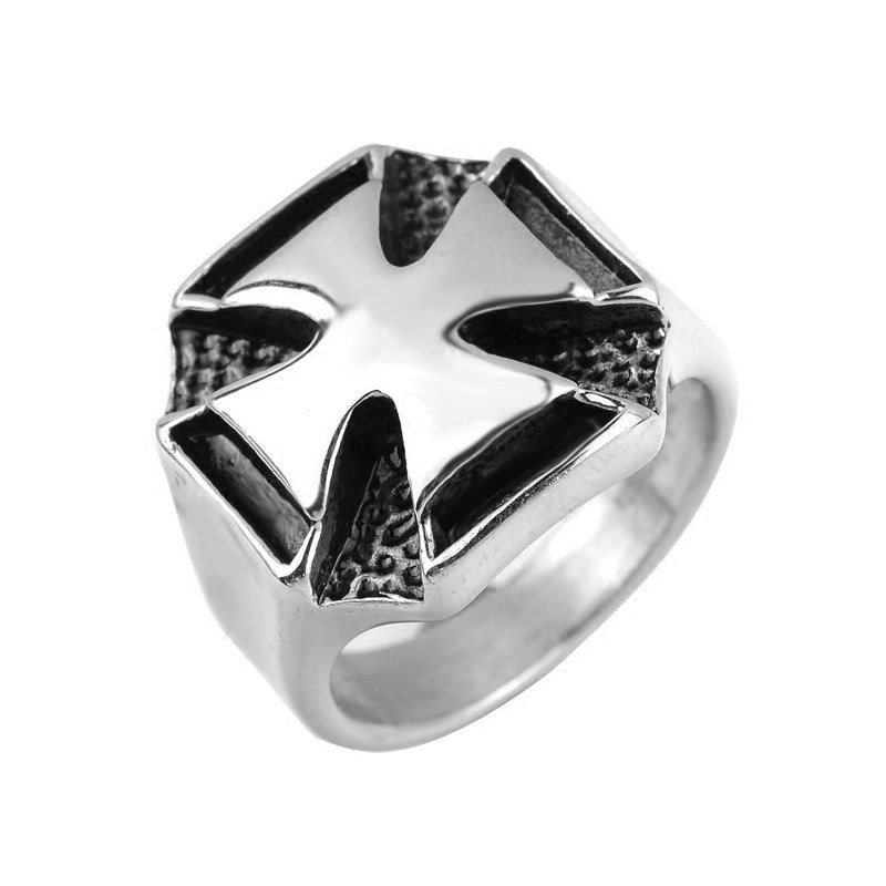 朋克霸气复古钛钢十字架勋章男士戒指指环 欧美潮男时尚流行饰品