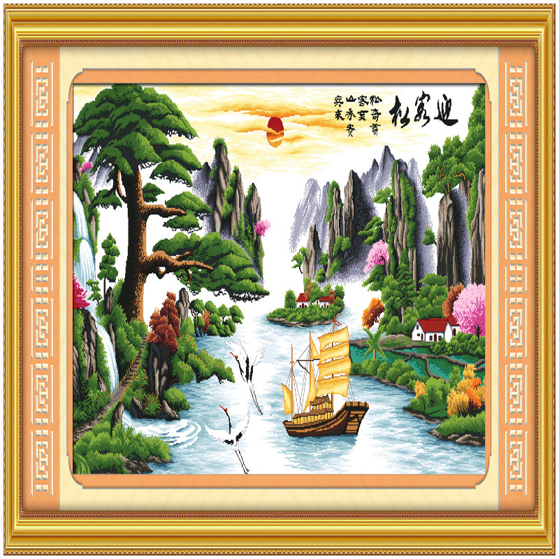 新款十字绣成品客厅画十字绣成品系列图 迎客松财运版出售机器绣