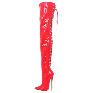 性感超高跟靴18CM细跟漆皮修身尖头弹力过膝长靴高筒靴大码女王靴