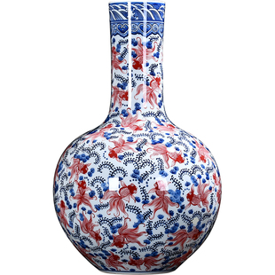 景德镇陶瓷器花瓶仿古手绘鱼纹青花瓷天球客厅家居装饰品中式摆件