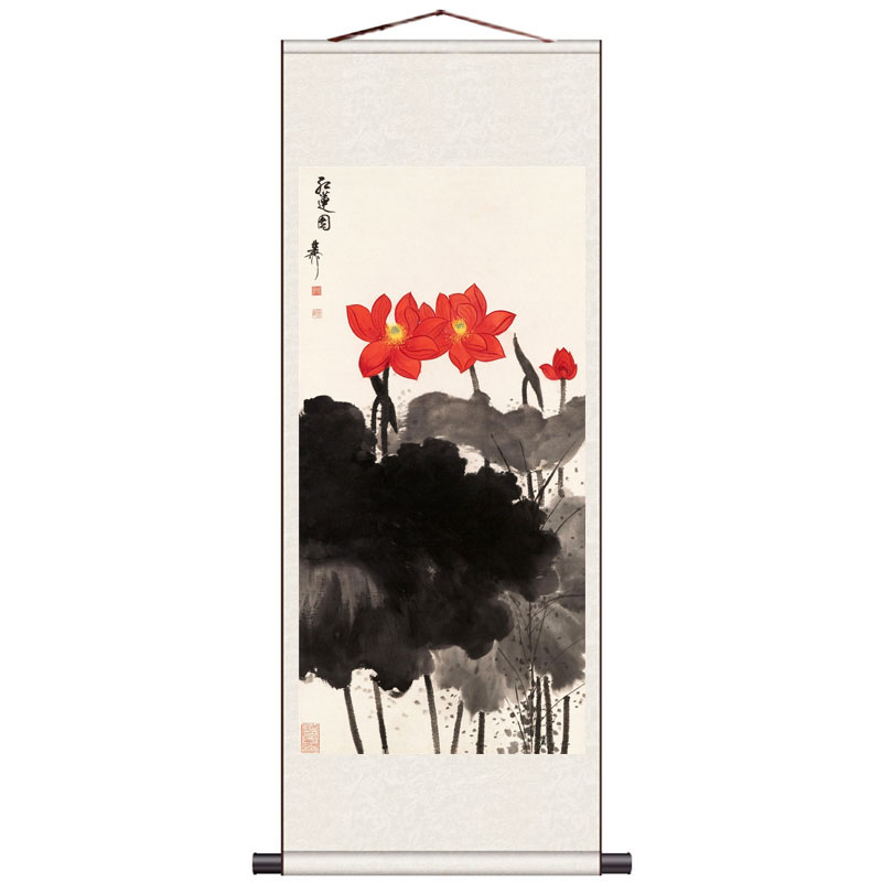 红梅荷花图国画名家字画丝绸卷轴画条幅花鸟画双猴图风水挂画红叶