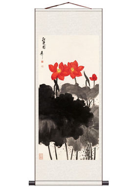 红梅荷花图国画名家字画丝绸卷轴画条幅花鸟画双猴图风水挂画红叶