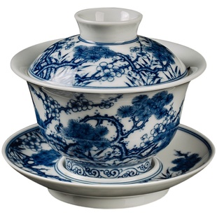 钟家窑盖碗单个景德镇纯手工柴窑青花盖碗大号松竹梅泡茶碗三才杯