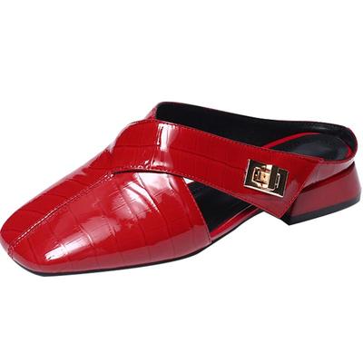 2025新款方头包头半拖鞋女夏外穿懒人平底半托单鞋时尚真皮凉拖鞋