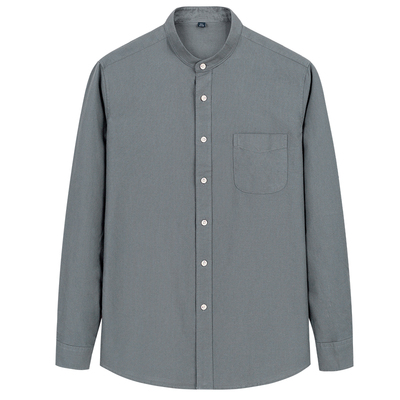 秋季纯棉小立领衬衣男长袖全棉休闲中式无领寸商务中山装圆领衬衫