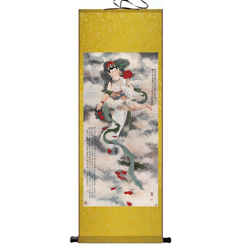 新品麒麟送子图观音祈子挂画卧室客厅装饰画卷丝绸卷轴画富贵童子