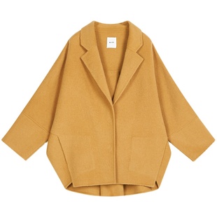 UGIZ冬季新品韩版女装纯色休闲西装领前短后长毛呢大衣女UDHD704