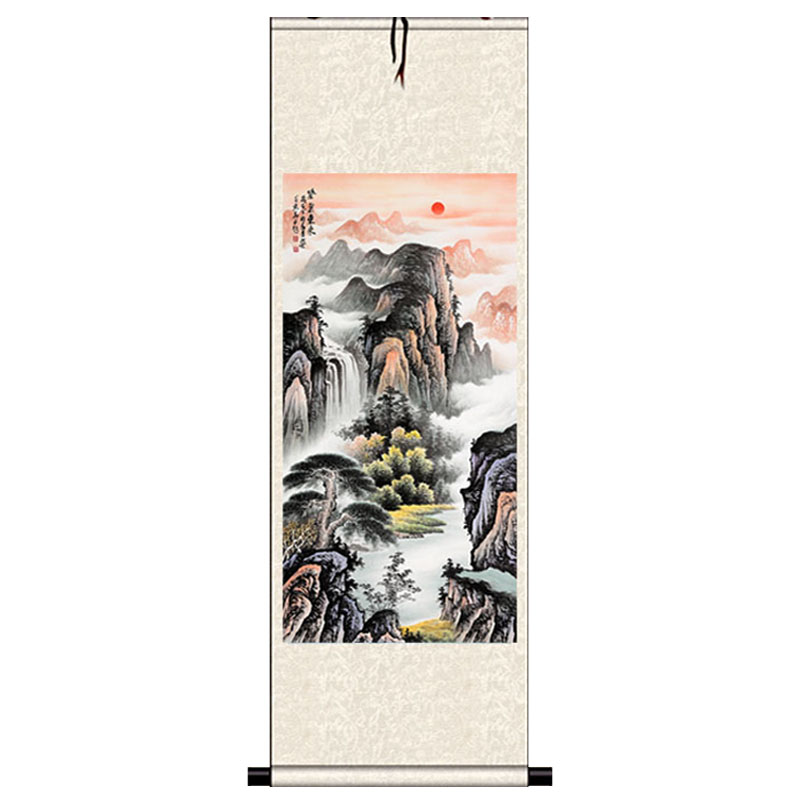 紫气东来办公室招财山水画丝绸卷轴画国画客厅装饰风水字画已装裱