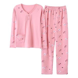 睡衣女春秋季纯棉长袖休闲加大码全棉春夏套头中年妈妈家居服女款