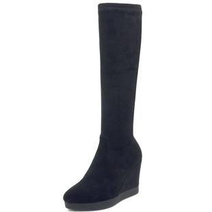 真皮磨砂厚底坡跟高筒靴高跟防水台瘦腿弹力靴单靴秋冬女靴子增高