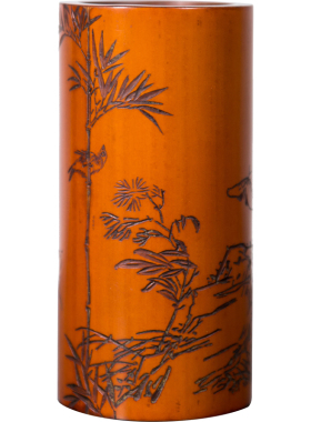 竹雕花鸟纹文房清供桌面摆件笔筒