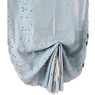 包邮欧式烟蓝色纯手工镂空雕花藤蔓刺绣升降提拉帘成品窗帘气球帘