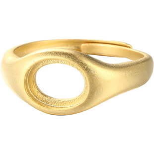 s925纯银椭圆形戒指空托简约光面镀18K金diy镶嵌蜜蜡翡翠戒托指环