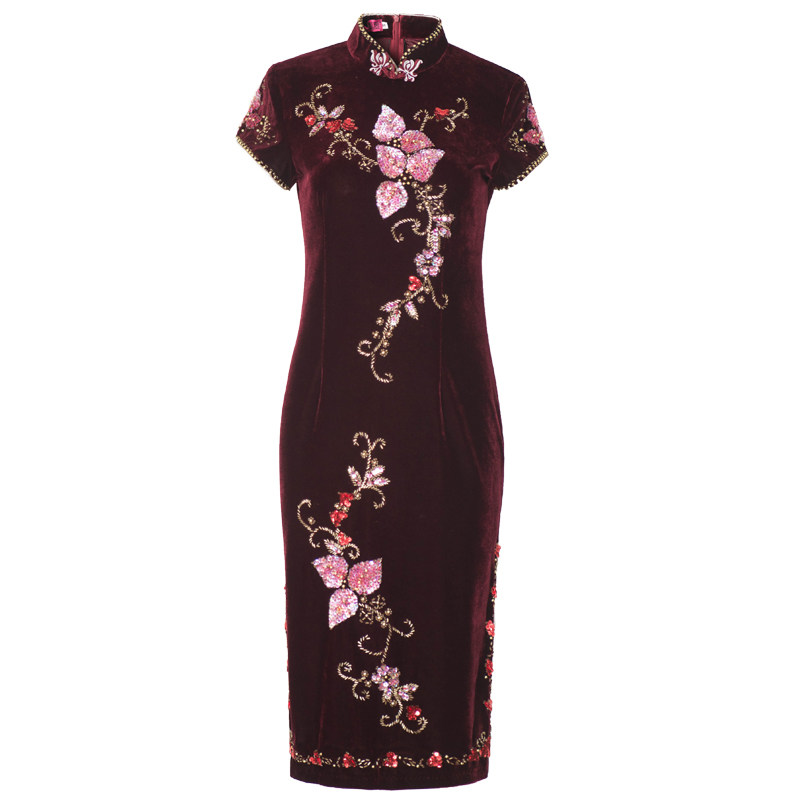 华族经典春秋高档金丝绒妈妈装旗袍中长款气质婚宴婚礼大码旗袍裙