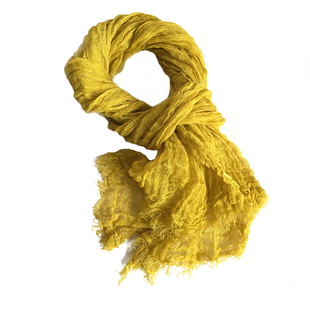 复古褶皱姜黄色亚麻围巾春夏护颈薄款文艺百搭纯色细窄丝巾围脖女