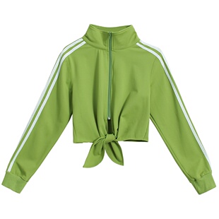 潮毒袖子三条杠简约健身运动下摆绑带短外套 跑步瑜伽锻炼女外套