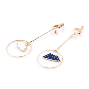 日式和风无耳洞螺旋耳夹女富士山白云耳环毛球绒球铃铛不对称耳钉