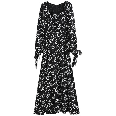 法式方领黑色碎花连衣裙内搭长裙