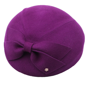 韩国女士羊毛呢帽子秋冬新款英伦复古蝴蝶结高贵礼帽贝雷帽空姐帽