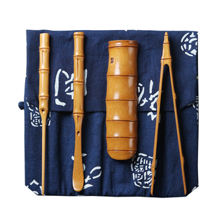 大漆竹节竹雕茶道四件套茶则茶拨茶针茶夹六君子台湾廖壹男大师