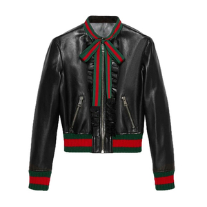 进口绵羊皮真皮皮衣女棒球服外套G家 丝带款蝴蝶结拼接机车皮夹克