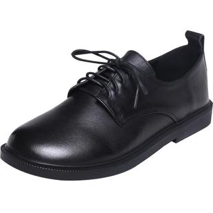 2026新款春款英伦风女鞋圆头系带平底单鞋春秋软皮真皮黑色小皮鞋