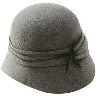 钟型毛呢礼帽渔夫帽秋冬可折叠圆顶女士优雅英伦风帽子系绳蝴蝶结